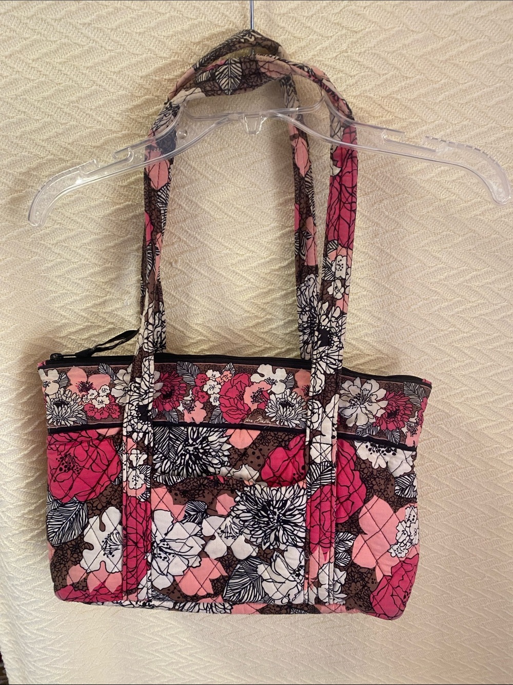 Vera Bradley Pink Floral Quilted Shoulder Tote with Black Trim